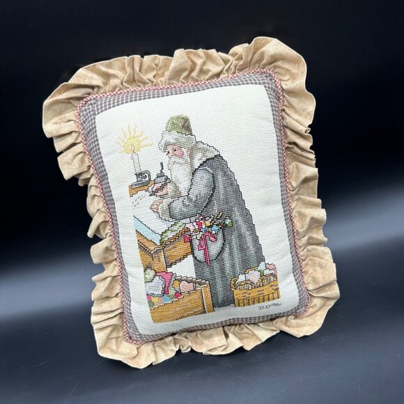 Vintage Santa Claus Cross Stitch Pillow Christmas Ruffled Edge Handmade 1990s - Picture 1 of 9